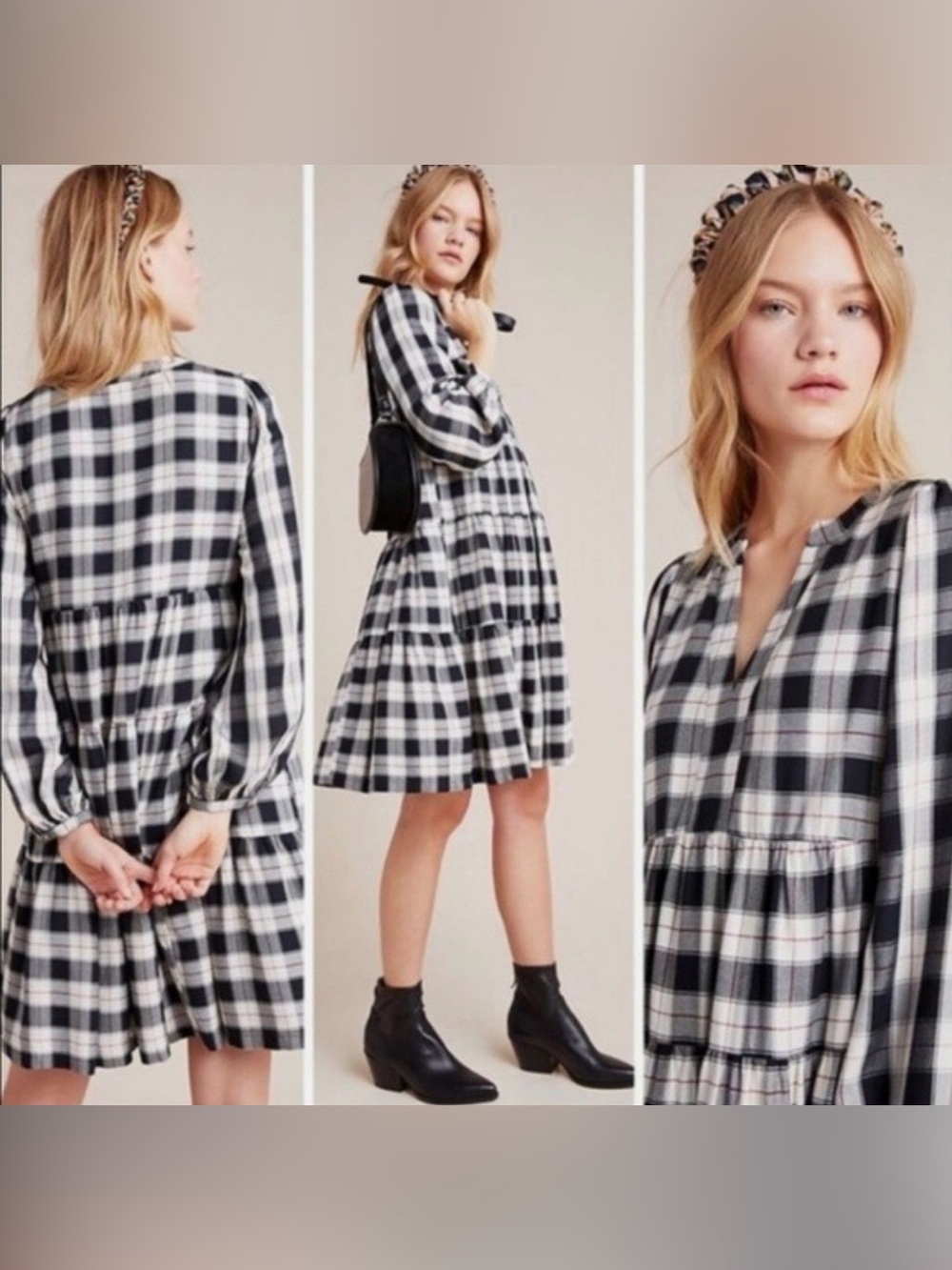 Maeve Black & White Plaid Tiered Mini Dress